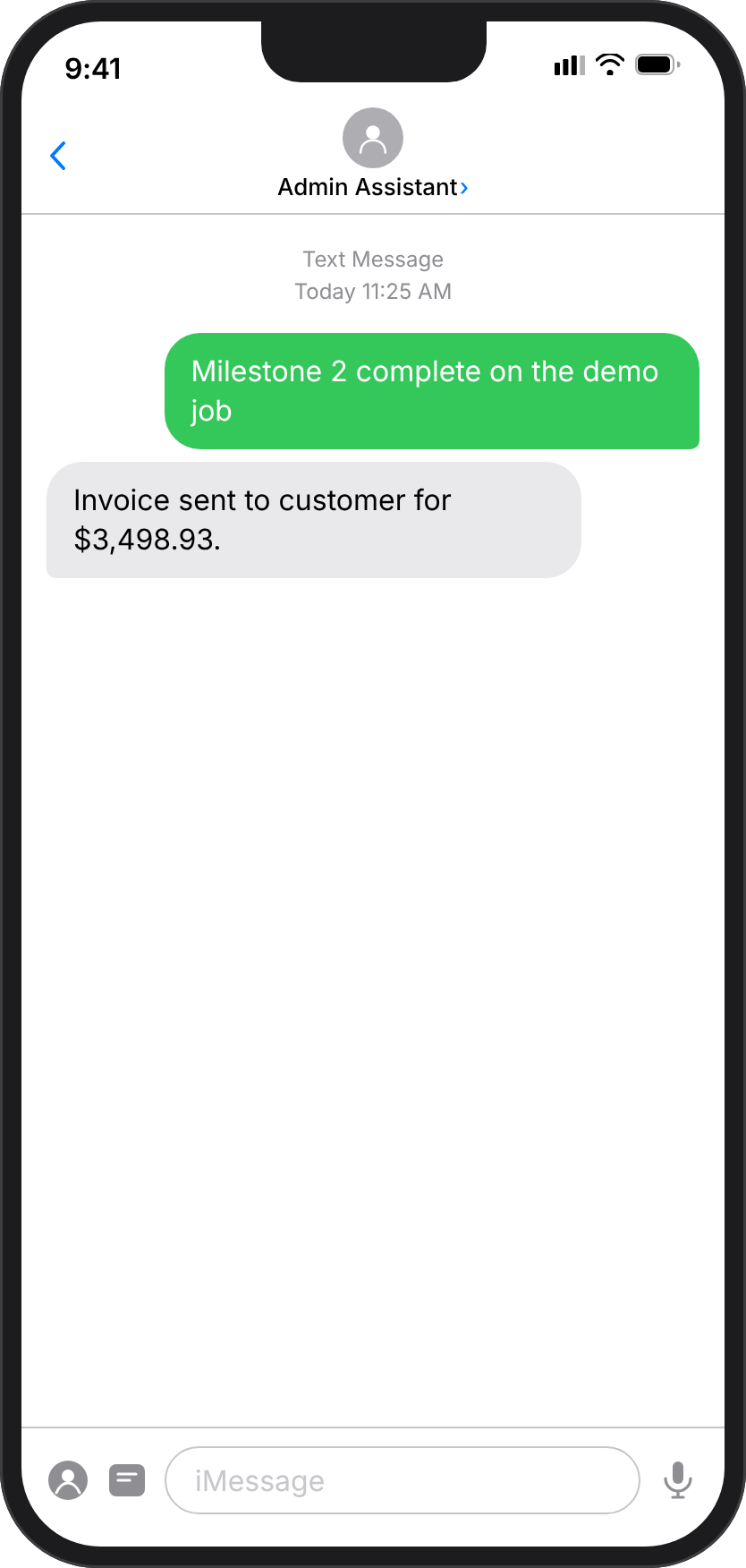 Tradesperson texts milestone complete; the system confirms the invoice was sent