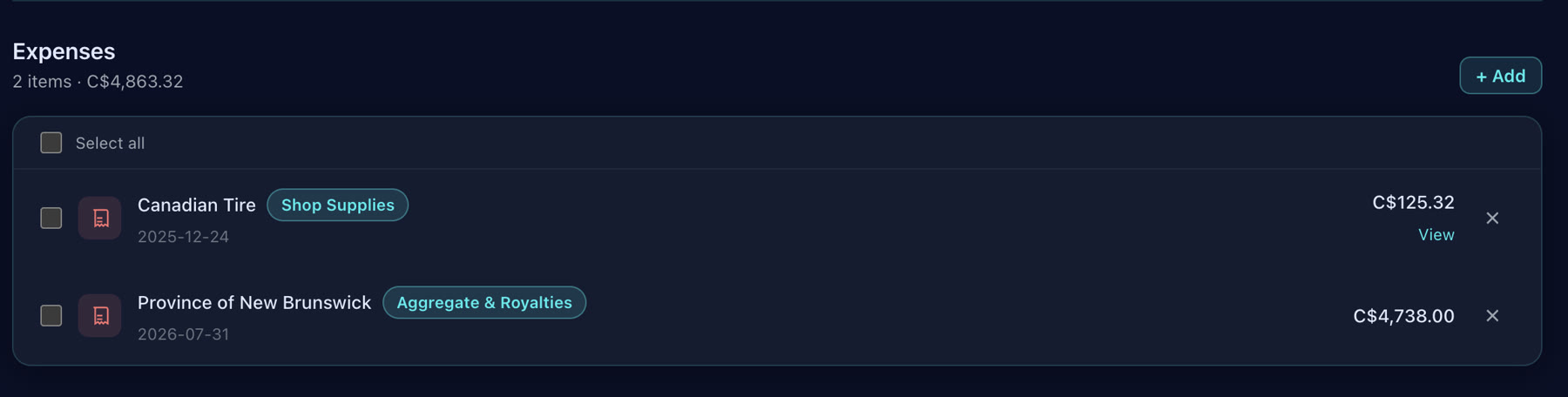 Expenses logged against a job with vendor and category
