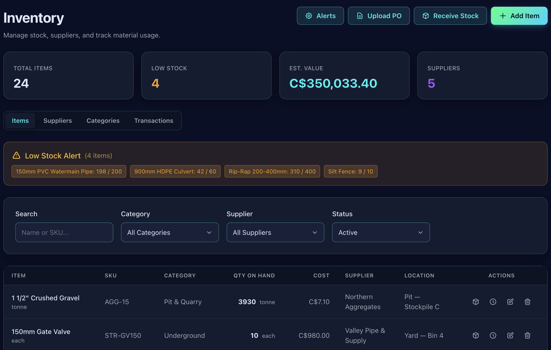 Inventory register showing stock on hand, cost, supplier, yard location and low stock alerts