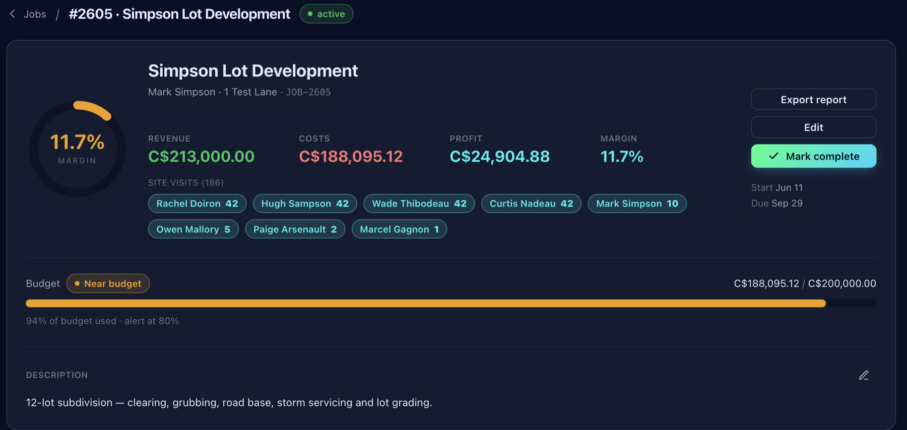 Job summary showing revenue, costs, profit, margin and budget used