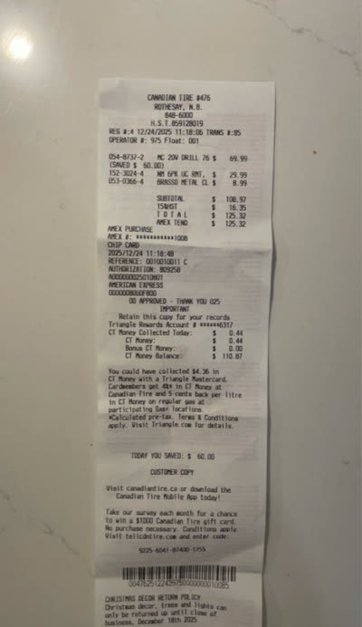 Photo of a supplier receipt sent from the field